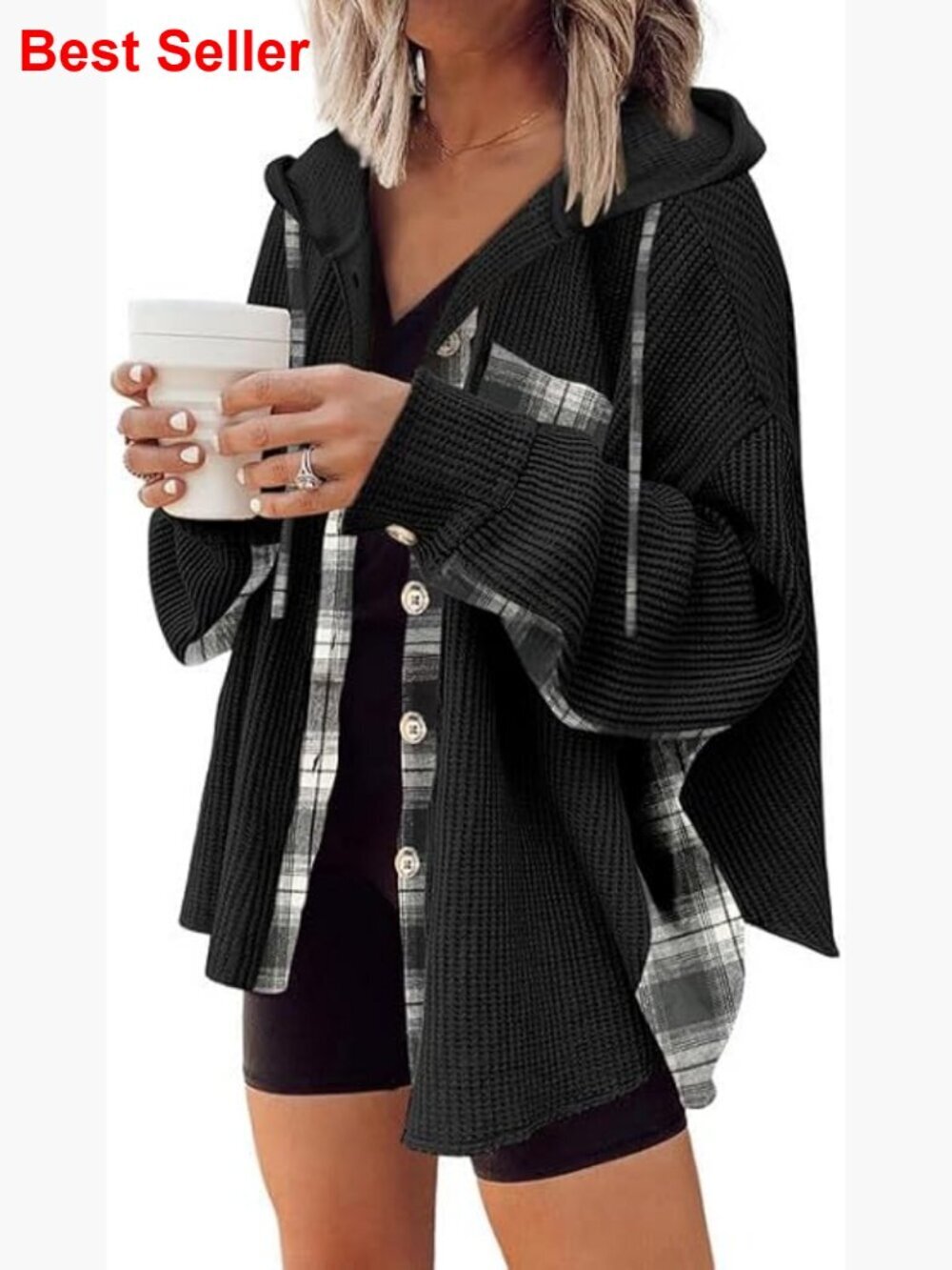 Waffle Knit Plaid Shacket Boyfriend Button Down Shirt Hooded Jacket Loose Long